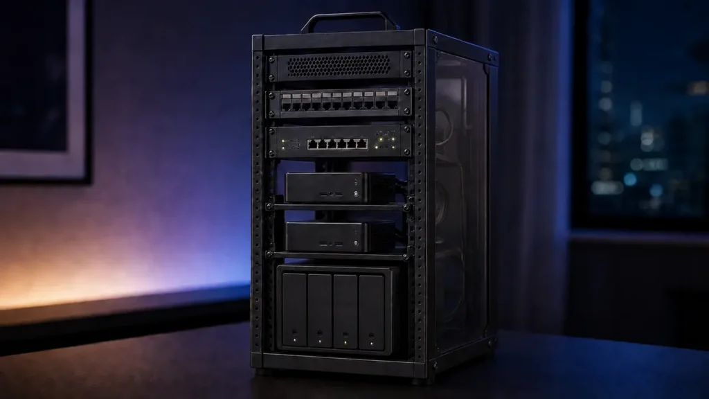 机上の10インチラックに4ベイNAS、ミニPC、スイッチを収めたホームラボを描いたアイキャッチ画像