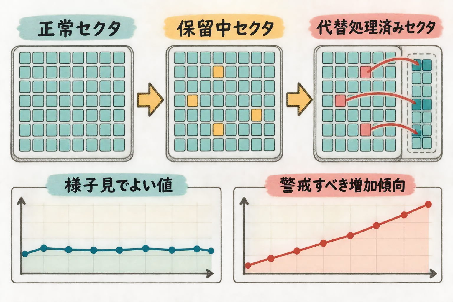 図解: HDDのセクタ状態遷移(正常セクタ→保留中セクタ→代替処理済みセクタ)と、値が横ばいか増加傾向かによる警戒度の違い